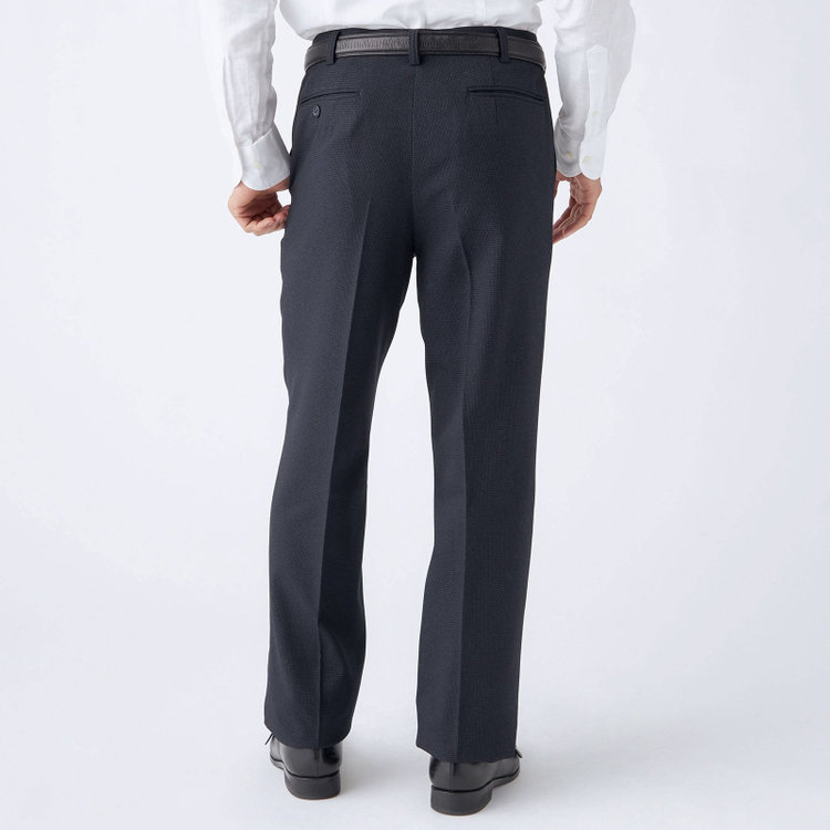 ジョンピアース 【JOHN PEARSE White】【秋冬】高機能ポリエステル 1タックスラックス/ネイビー＆ブラック×ハウンドトゥース/ウエストストレッチ/ULTRA MOVE/裾上げ必要 紺濃色