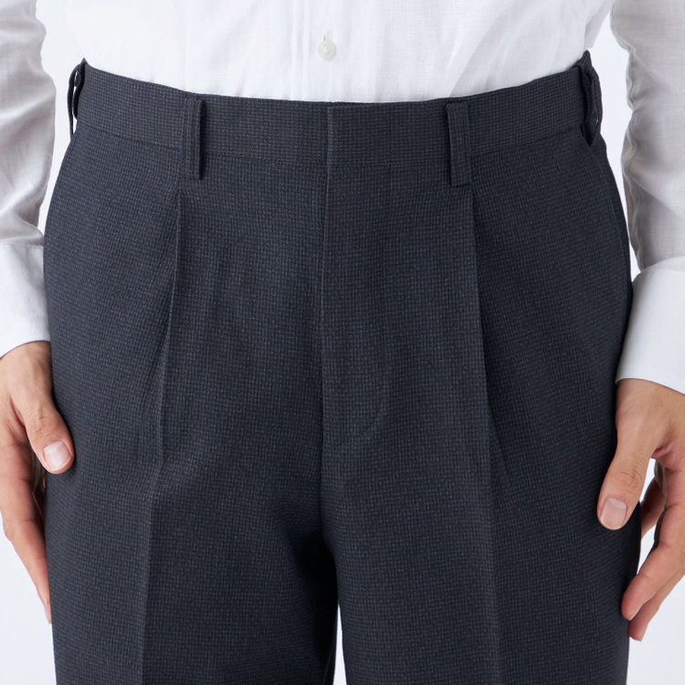 ジョンピアース 【JOHN PEARSE White】【秋冬】高機能ポリエステル 1タックスラックス/ネイビー＆ブラック×ハウンドトゥース/ウエストストレッチ/ULTRA MOVE/裾上げ必要 紺濃色