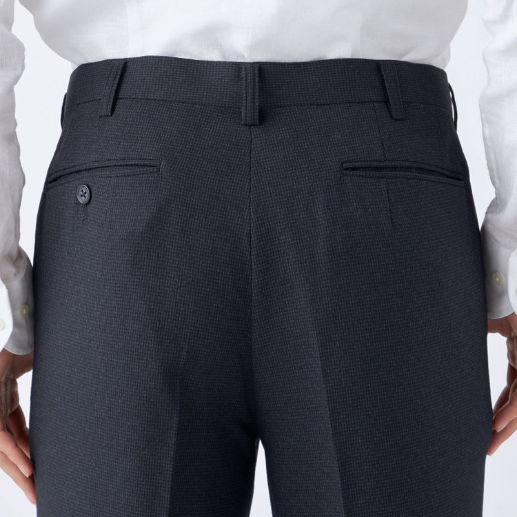 ジョンピアース 【JOHN PEARSE White】【秋冬】高機能ポリエステル 1タックスラックス/ネイビー＆ブラック×ハウンドトゥース/ウエストストレッチ/ULTRA MOVE/裾上げ必要 紺濃色