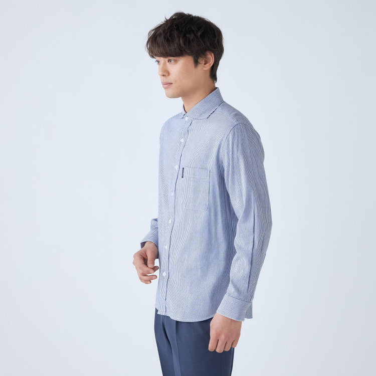 スタンリーブラッカ 【stanley blacker new york】【長袖】リネンブレンドカッタウェイシャツ/ブルー＆ホワイト×ストライプ 紺淡色