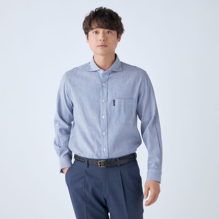 スタンリーブラッカ 【stanley blacker new york】【長袖】リネンブレンドカッタウェイシャツ/ブルー＆ホワイト×ストライプ 紺淡色