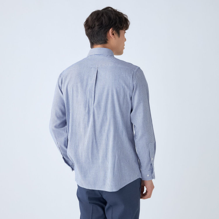 スタンリーブラッカ 【stanley blacker new york】【長袖】リネンブレンドカッタウェイシャツ/ブルー＆ホワイト×ストライプ 紺淡色