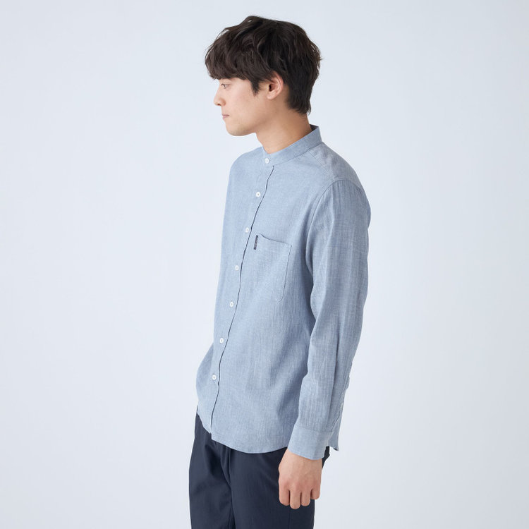 スタンリーブラッカ 【stanley blacker new york】【長袖】リネンブレンドバンドカラー/ブルー 紺淡色