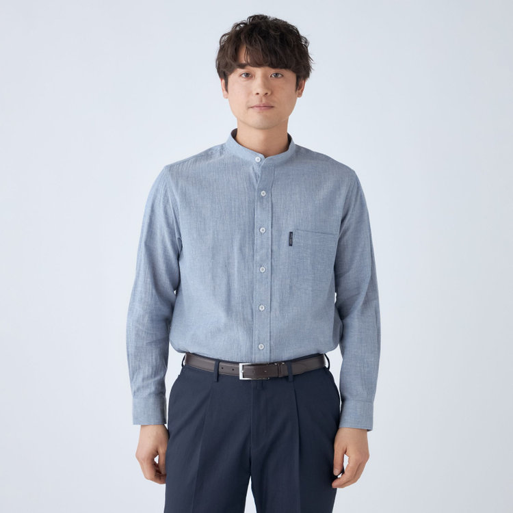 スタンリーブラッカ 【stanley blacker new york】【長袖】リネンブレンドバンドカラー/ブルー 紺淡色