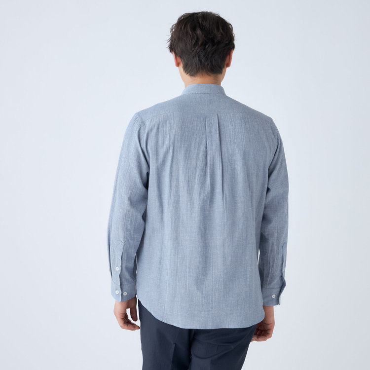 スタンリーブラッカ 【stanley blacker new york】【長袖】リネンブレンドバンドカラー/ブルー 紺淡色