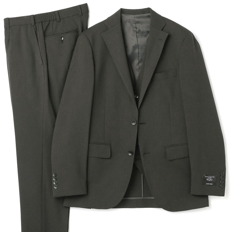 ＪＰ コンフォート 【JOHN PEARSE comfort】【年間】2釦シングルスリーピーススーツ ショートタック/カーキ/ウエストシャーリング仕様/「ULTRA MOVE」ストレッチ・ウォッシャブル/※裾上げ必要 緑中間