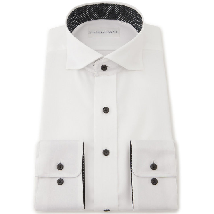 カンサイマンブルー 【for Special Days】【KANSAIMAN collection】【形態安定】【スタイリッシュシルエット】スナップダウンホリゾンタルワイドカラーワイシャツ/ホワイト/襟裏別布：ドット/釦：ブラック 白