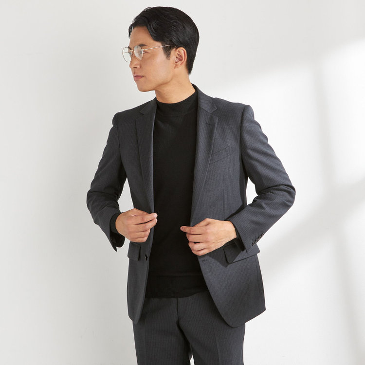 ＵＮＰＲＥＳＳＵＲＥ 【Unpressure】【秋冬】2釦シングルスーツ 0タック/グレー×ストライプ/ULTRA WASH※裾上げ必要 グレー濃色