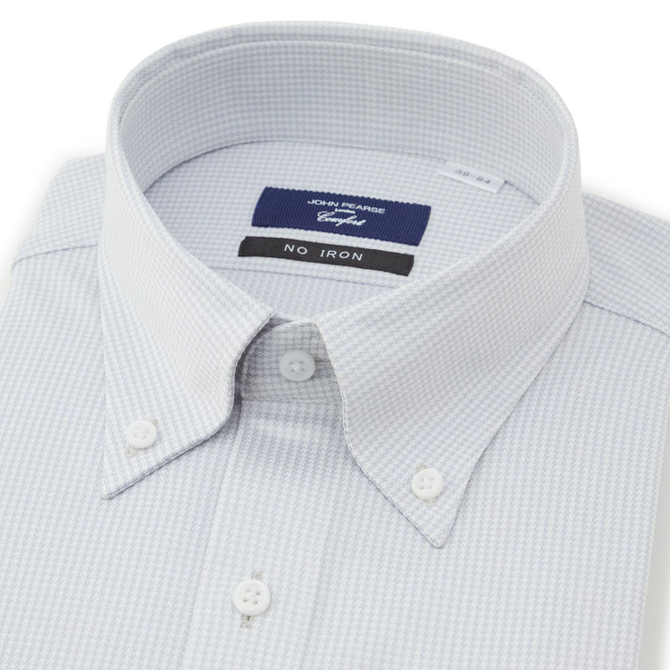 ＪＰコンフォート ネイビー 【発送在庫あり】【WEB限定】【JOHN PEARSE comfort navy】ボタンダウンカラーワイシャツ/グレー×ハウンドトゥース/ULTRA MOVE「ニット素材」「ノーアイロン」「ストレッチ」「高通気性」 グレー中間