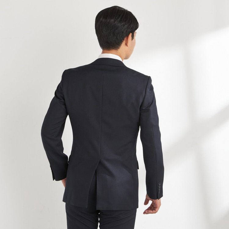 ハイスペックモーション 【HIGH SPEC MOTION】【年間】2釦シングルスーツ 0タック/ネイビー×シャドーストライプ/パンツウォシャブル/※裾上げ必要 紺濃色