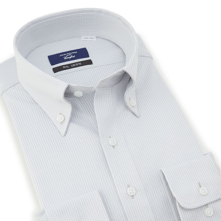 ＪＰコンフォート ネイビー 【発送在庫あり】【WEB限定】【JOHN PEARSE comfort navy】ボタンダウンカラーワイシャツ/グレー×ハウンドトゥース/ULTRA MOVE「ニット素材」「ノーアイロン」「ストレッチ」「高通気性」 グレー中間