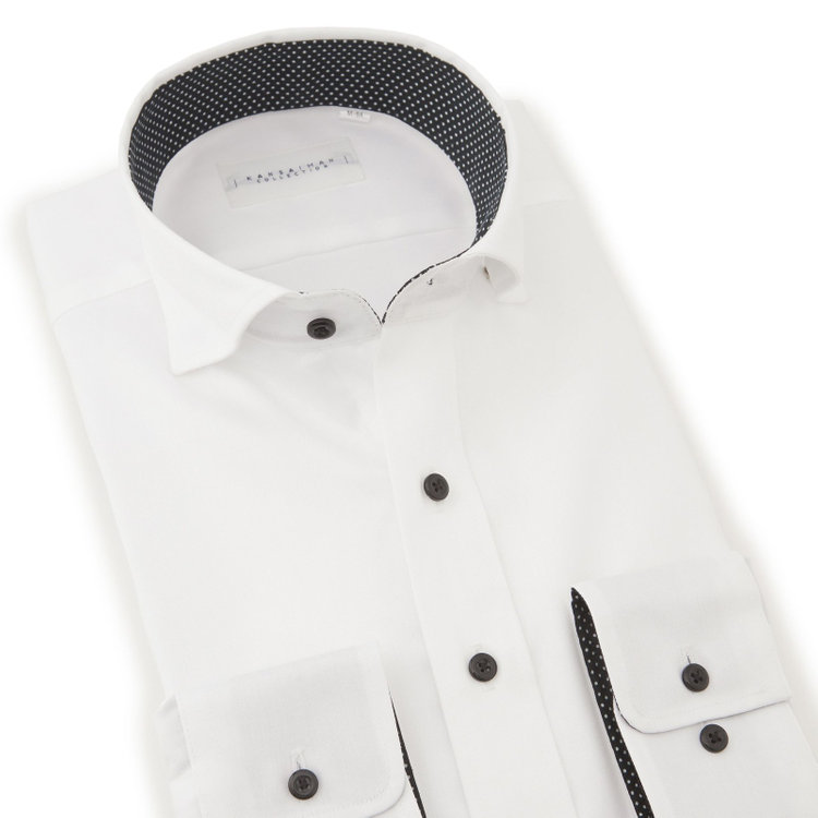カンサイマンブルー 【for Special Days】【KANSAIMAN collection】【形態安定】【スタイリッシュシルエット】スナップダウンホリゾンタルワイドカラーワイシャツ/ホワイト/襟裏別布：ドット/釦：ブラック 白