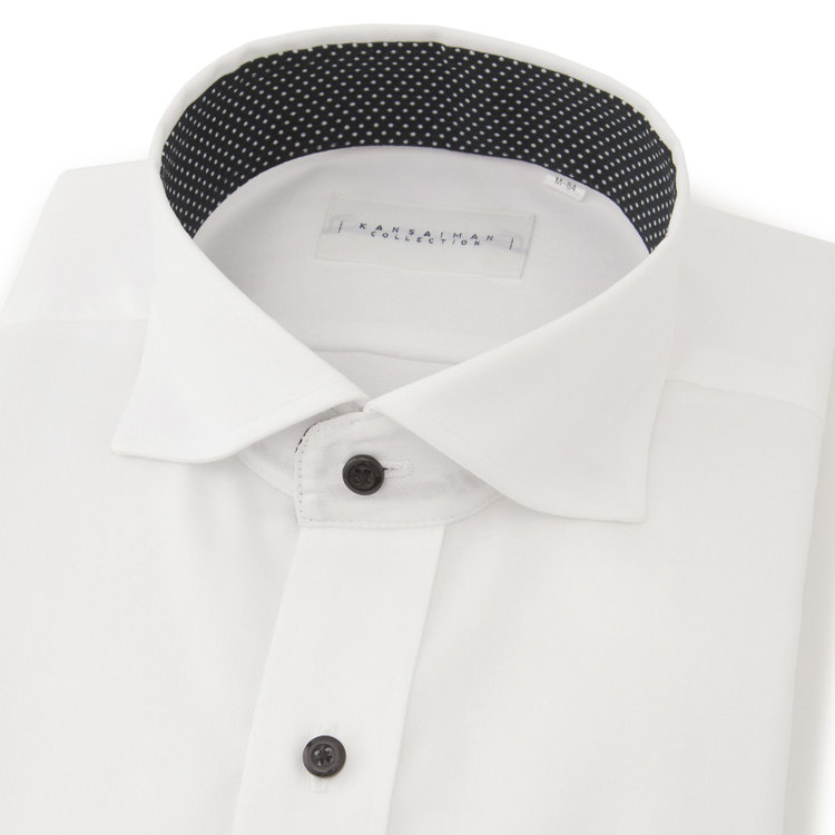カンサイマンブルー 【for Special Days】【KANSAIMAN collection】【形態安定】【スタイリッシュシルエット】スナップダウンホリゾンタルワイドカラーワイシャツ/ホワイト/襟裏別布：ドット/釦：ブラック 白