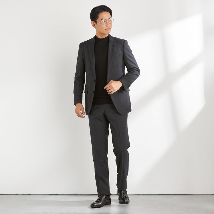 ＵＮＰＲＥＳＳＵＲＥ 【Unpressure】【秋冬】2釦シングルスーツ 0タック/グレー×ストライプ/ULTRA WASH※裾上げ必要 グレー濃色