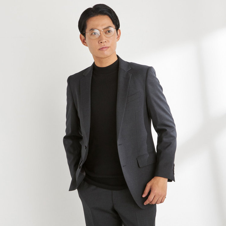 ＵＮＰＲＥＳＳＵＲＥ 【Unpressure】【秋冬】2釦シングルスーツ 0タック/グレー×ストライプ/ULTRA WASH※裾上げ必要 グレー濃色