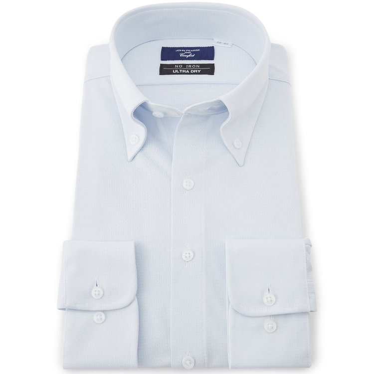 ＪＰコンフォート ネイビー 【JOHN PEARSE comfort navy】ボタンダウンカラーワイシャツ/サックス×ドビー/ULTRA MOVE「ニット素材」「ノーアイロン」「ストレッチ」「高通気性」/ULTRA DRY「吸水速乾」「汗ジミ抑制」 青中間