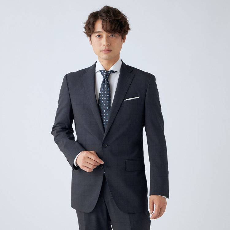 ＪＰセレクトライン 【JOHN PEARSE Black SELECT LINE】【春夏】スペアパンツ付き/2釦シングルスーツ/ネイビー×ウィンドペン/SHOWER CLEAN/※裾上げ必要 紺中間