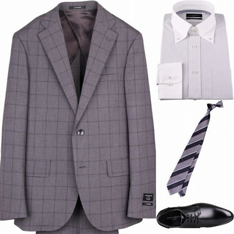 ＪＰ コンフォート 【JOHN PEARSE comfort】【春夏】2釦シングルスーツ 1タック/グレー×ウィンドペン/ULTRA MOVE/TRABEST グレー系(灰)