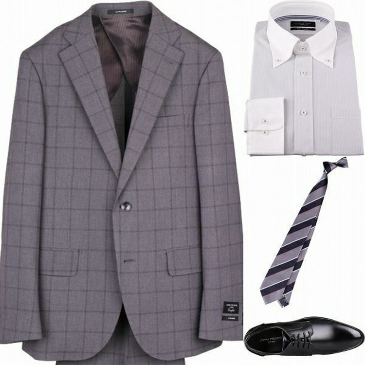 ＪＰ コンフォート 【JOHN PEARSE comfort】【春夏】2釦シングルスーツ 1タック/グレー×ウィンドペン/ULTRA MOVE/TRABEST グレー系(灰)